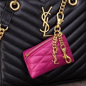 Saint Laurent YSL Quilted Mini Pouch Bag Charm Keychain Pink Leather Gold Chain